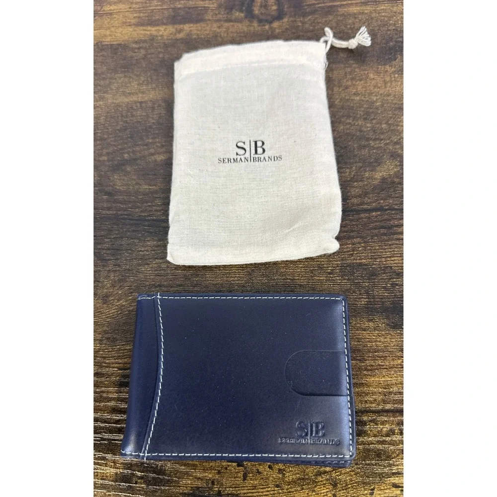 Serman Brands Leather RFID Blocking Slim Bifold Wallet Altlantic Blue Minimalist